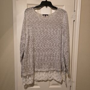 Gray And Tan Knit Sweater with Lace Hem